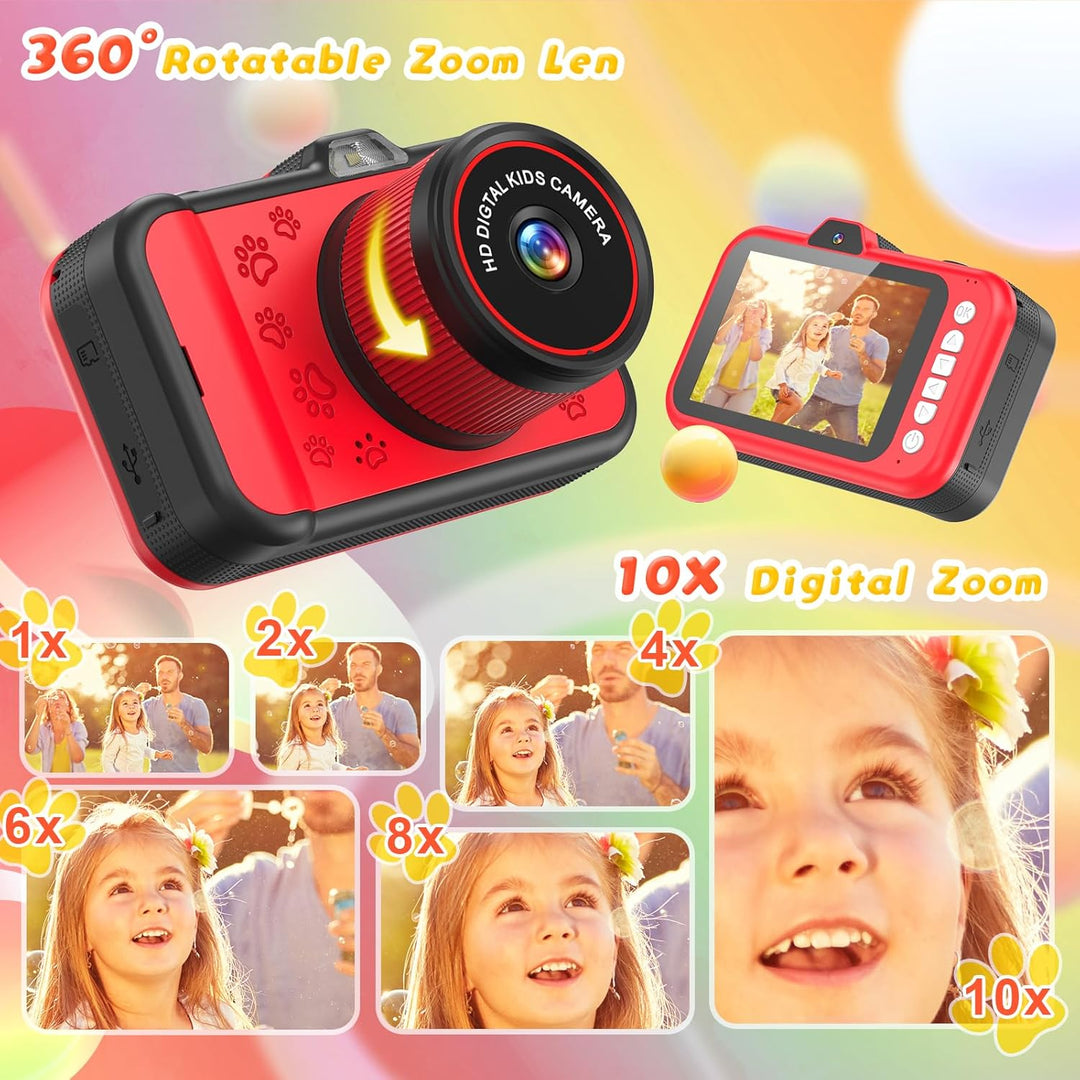 Ushining Kinderkamera, 3,5" Grossbildschirm Kinder Kamera mit 360° Drehbares Zoomobjektiv LED-Blitz