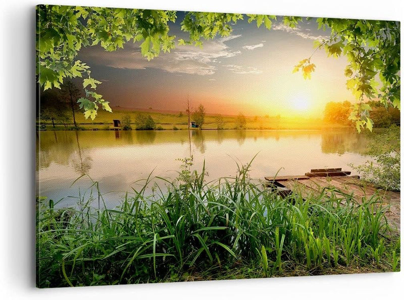ARTTOR Bilder auf Leinwand 100x70cm Leinwandbild mit Rahmen Brücke See Gross Wanddeko Bild Schlafzim