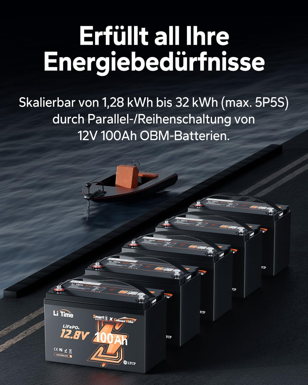 LiTime 12V 100Ah Smart LiFePO4 Batterie für Elektrische Aussenbord Trolling Motor, Bluetooth Lithium
