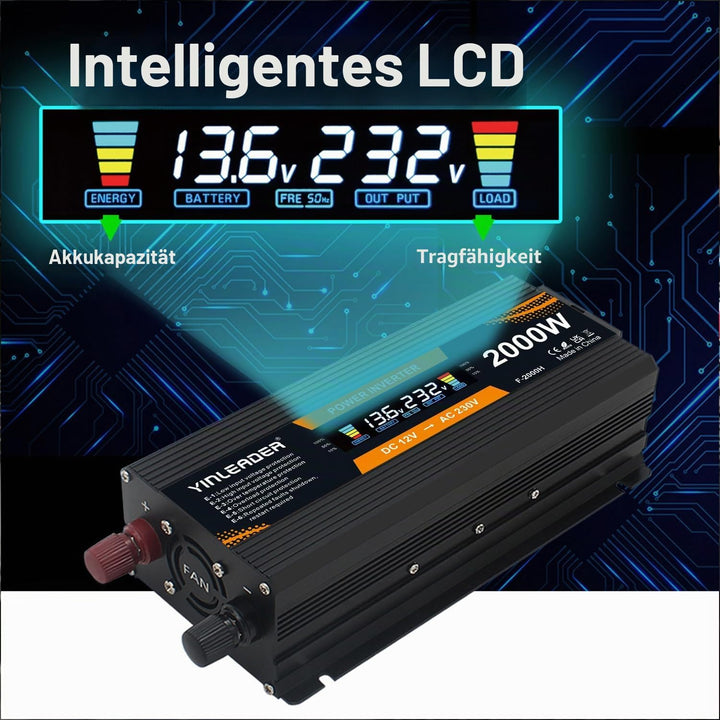 Yinleader Wechselrichter 900W 2000W 12V 230V Spannungswandler LCD mit 1 Steckdose 2 USB Anschlüsse