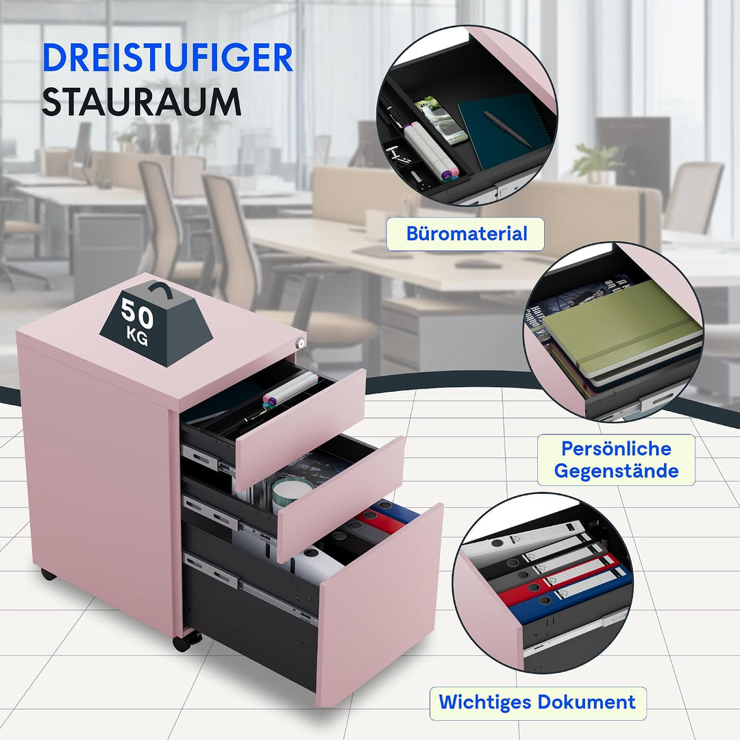 FlexiSpot Rollcontainer mit 3 Schubladen, mobiler Aktenschrank mit Rollen, Schubladenschrank Bürosch