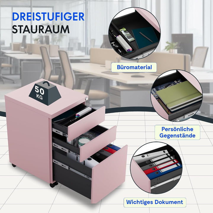 FlexiSpot Rollcontainer mit 3 Schubladen, mobiler Aktenschrank mit Rollen, Schubladenschrank Bürosch