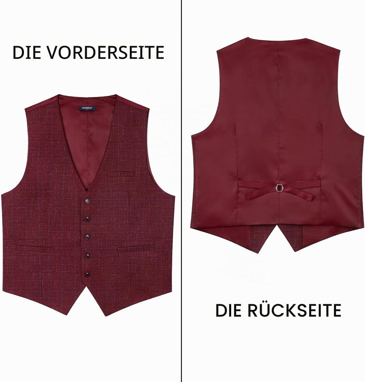 HISDERN Manner Formale Hochzeitsfeier Weste Baumwolle Plaid Kleid Anzug Weste für Herren Burgund 2 S