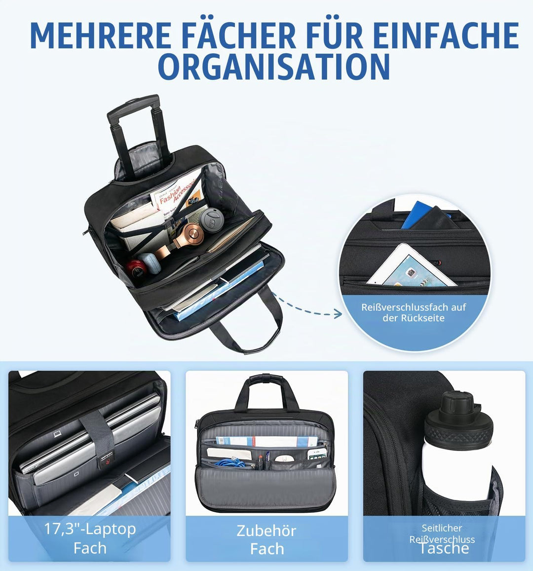 EMPSIGN Business Trolley Laptoptasche mit Rollen, Rolling Laptop Case mit Rädern bis zu 17,3 Zoll La