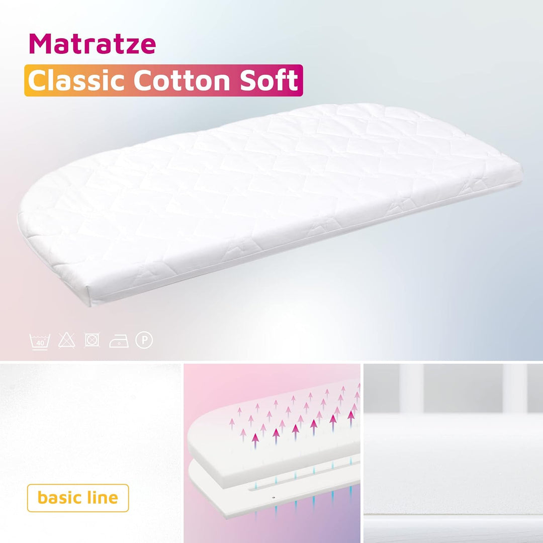 babybay Maxi Comfort Plus Beistellbett, weiss lackiert mit Matratze Classic Cotton Soft Weiss Lackie