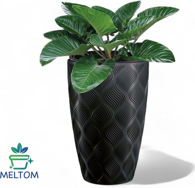 MELTOM Blumentopf mit Bewässerungssystem Rund Hoch 3D Effekt Dekorativ, Farbe: Schwarz, DxH: 39 x 58