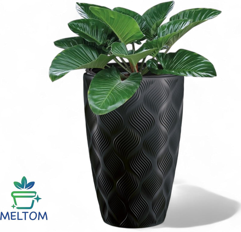 MELTOM Blumentopf mit Bewässerungssystem Rund Hoch 3D Effekt Dekorativ, Farbe: Schwarz, DxH: 39 x 58