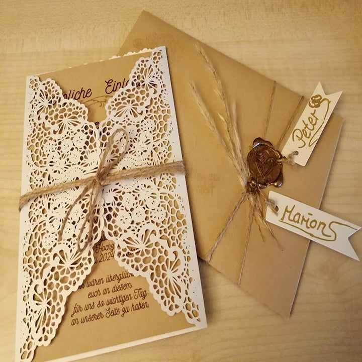 10 Stück Hochzeitseinladungen Laser Geschnittene Einladungskarten mit Bedruckbaren Papier und Umschl