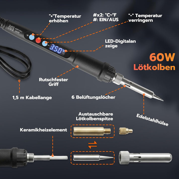 60W Digital Lötkolben mit Spitzen und 380 Stück M2 M2.5 M3 M4 M5 M6 (1/4) M8 Gewindeeinsätze für Ein