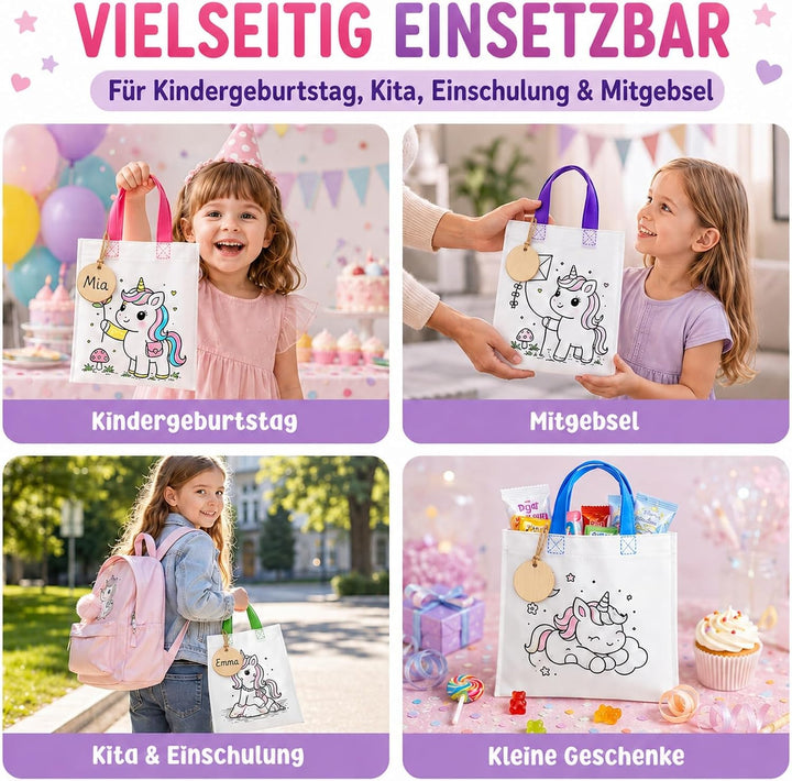 Einhorn Taschen zum Bemalen 34-tlg. Set – 14 Stoffbeutel zum Bemalen für Kinder mit 14 Holzanhängern