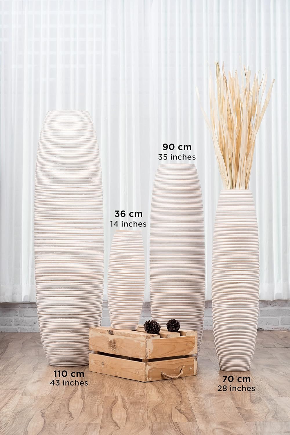 Leewadee Grosse Bodenvase für Dekozweige hohe Standvase Design Holzvase, Holz, 70 cm, White Wash 70