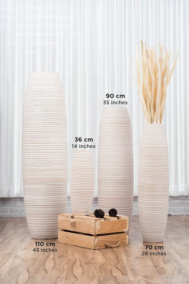 Leewadee Grosse Bodenvase für Dekozweige hohe Standvase Design Holzvase, Holz, 70 cm, White Wash 70