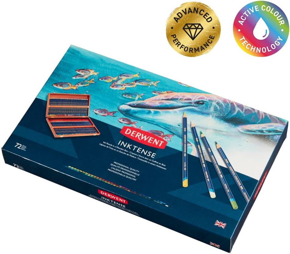 Derwent Inktense Permanent wasserlösliche Aquarellstifte, 72er Set in hölzerner Geschenkbox, 4 mm Pr
