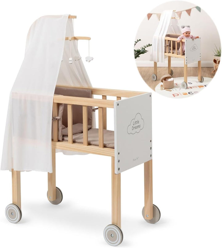 ELLA & PIET® Grosser Puppen-Stubenwagen Dreamy aus Holz mit Himmel (Weiss-Schlamm) Puppenwiege Puppe