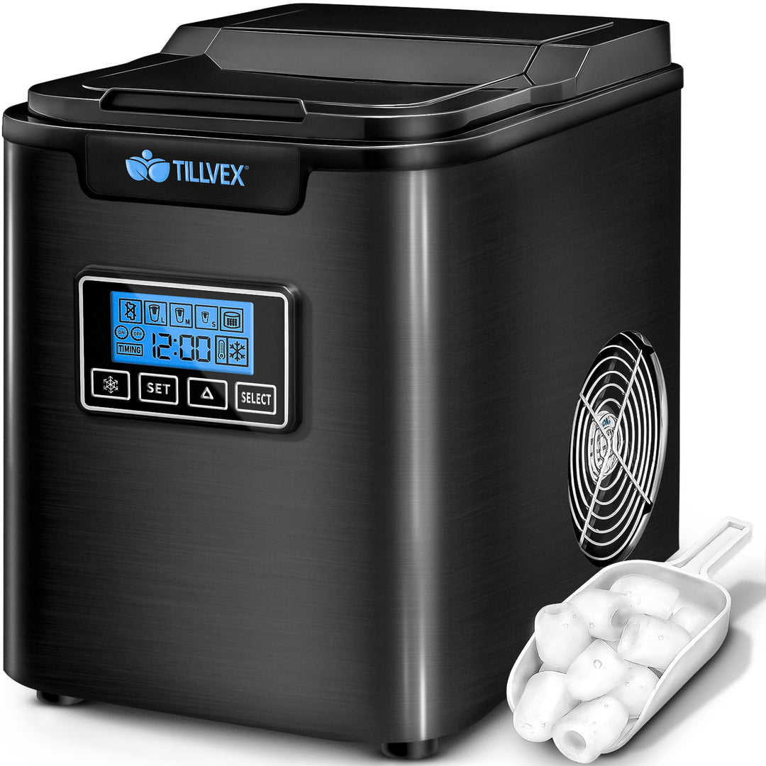 tillvex Eiswürfelmaschine Edelstahl 12 kg - 24 h | Eiswürfelbereiter mit Timer und 2,2 Liter Wassert