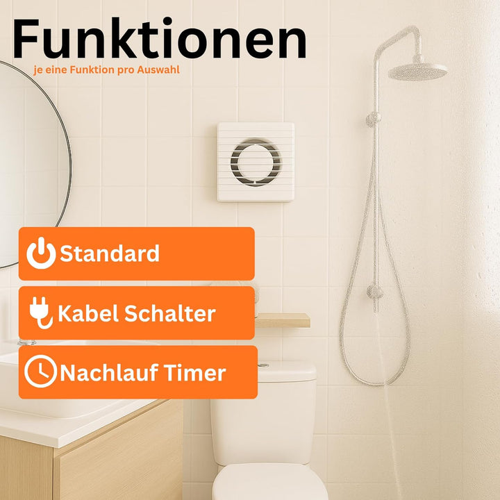 MKK Badlüfter 90mm Wandmontage Leise Lüfter Wohnraumlüfter Weiss (Kabel + Schalter), Kabel + Schalte