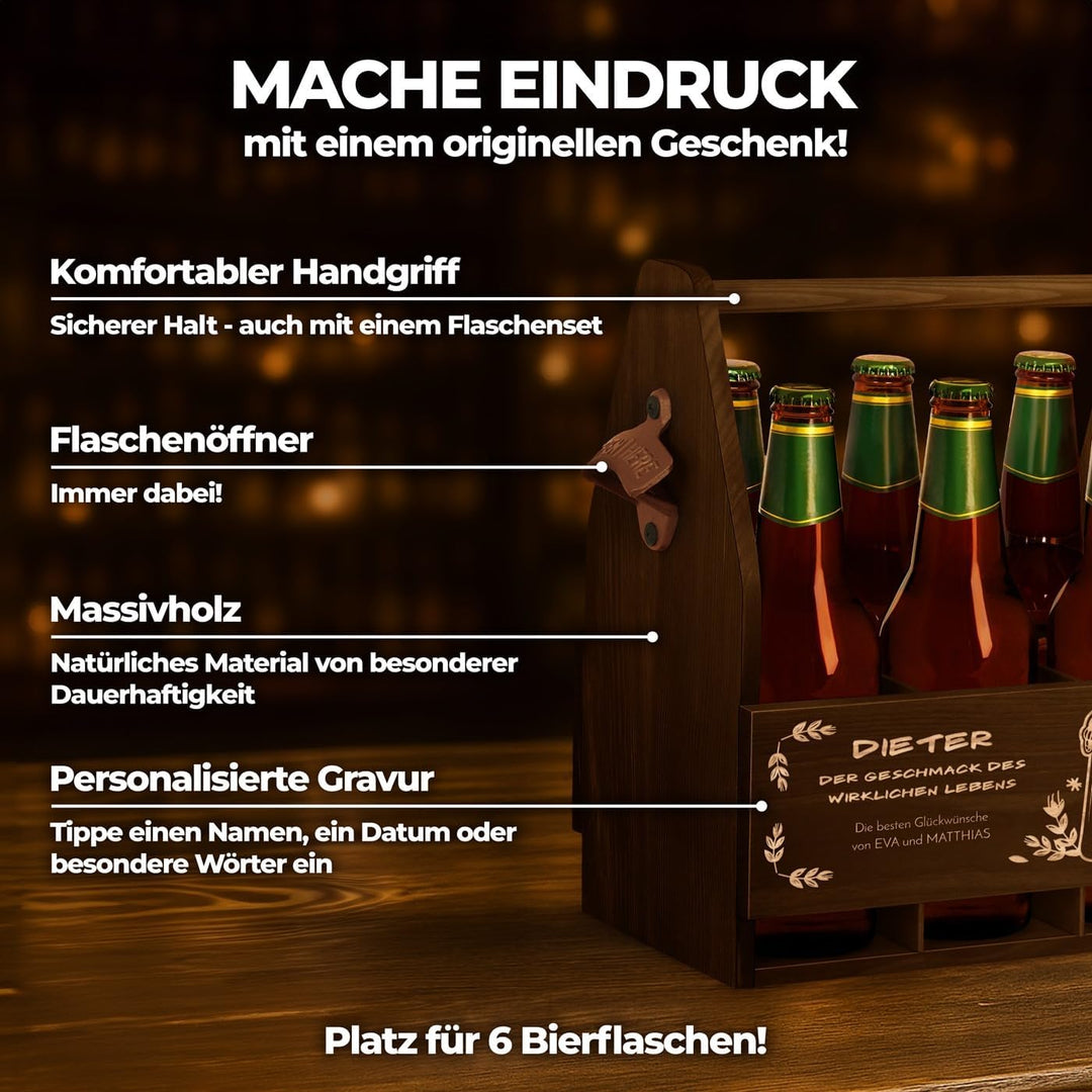 Maverton Bierträger für 6 Flaschen 0,5L + Gravur - Männerhandtasche mit Flaschenöffner - Grösse: 25x