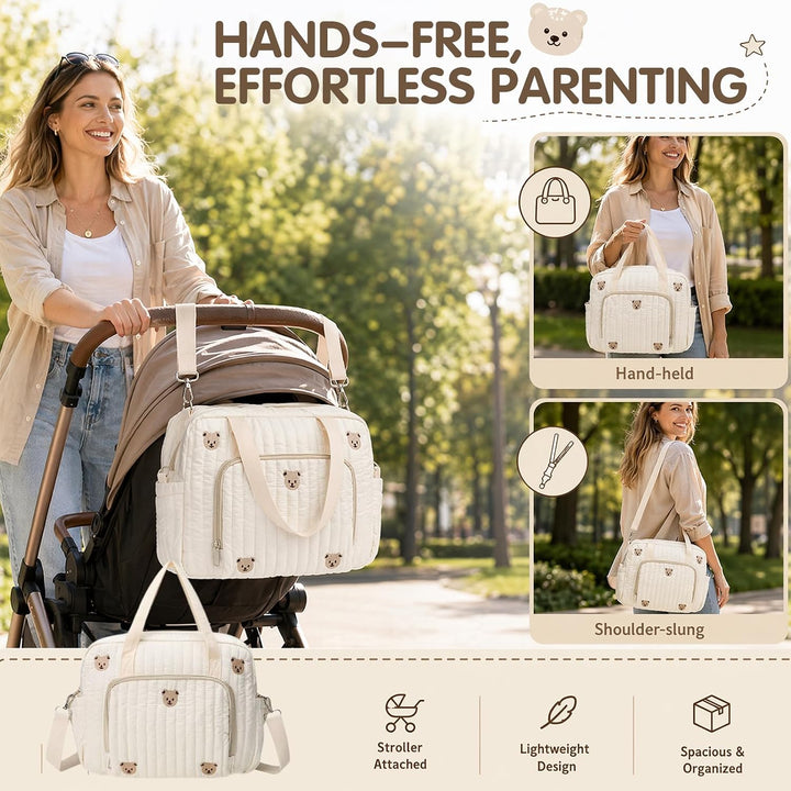 Wickeltasche Baby Grosse Muttertasche aus Baumwolle mit Stickerei, Gesteppte Wickeltasche Damen mit