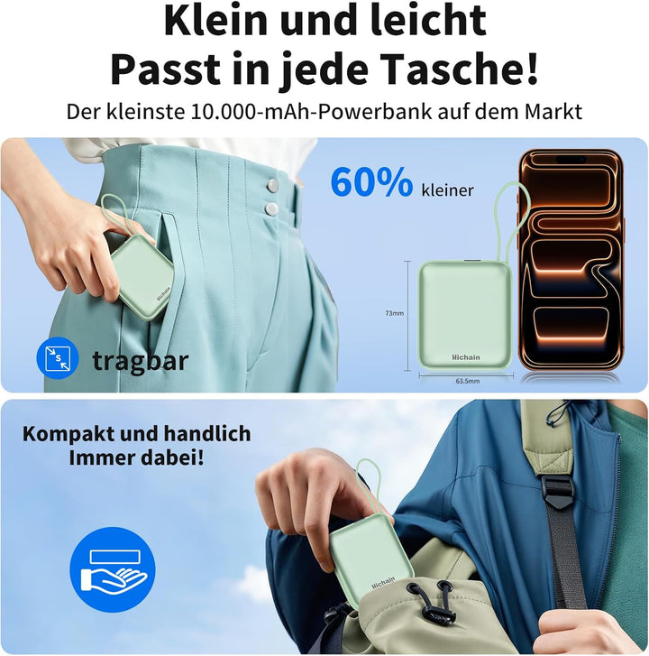 Hichain Power Bank Klein, 10000mAh 22,5W Powerbank USB C Schnellladen mit Integriertem USB-C Kabel,