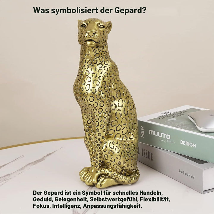 Moderne Dekofigur aus Polyresin, 27,9 cm hoch, goldfarbener Gepard, sitzend, Heimdekoration, realist