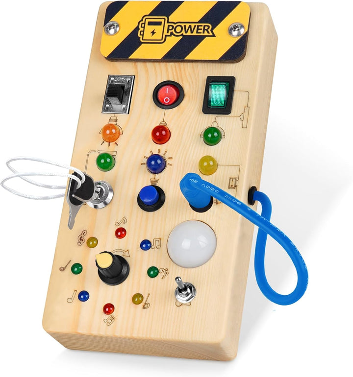 Konijiwa Montessori Busy Board 1 Jahr alt Kinder Activity Board Holzspielzeug mit 8 LED-Lichtschalte