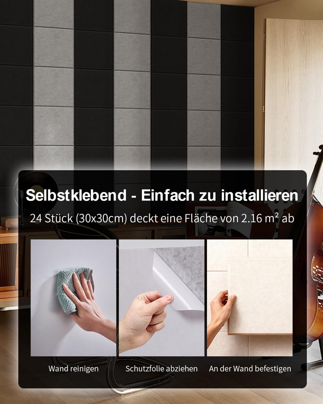 24 Stück 2,16㎡ Akustikplatten Selbstklebend 30x30x0.9cm Schwarz | Akustikpaneele mit hoher Dichte 23