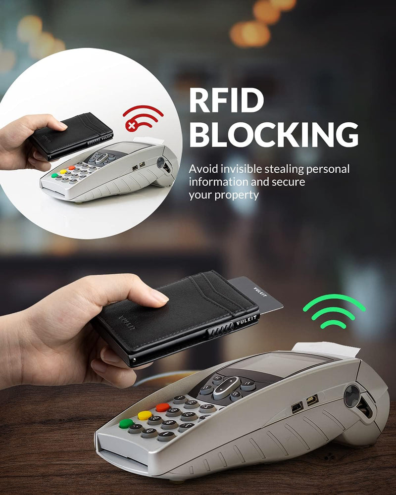 VULKIT Kreditkartenetui Leder Kartenetui RFID Blocking Automatische Pop Up Visitenkartenetui für Kar