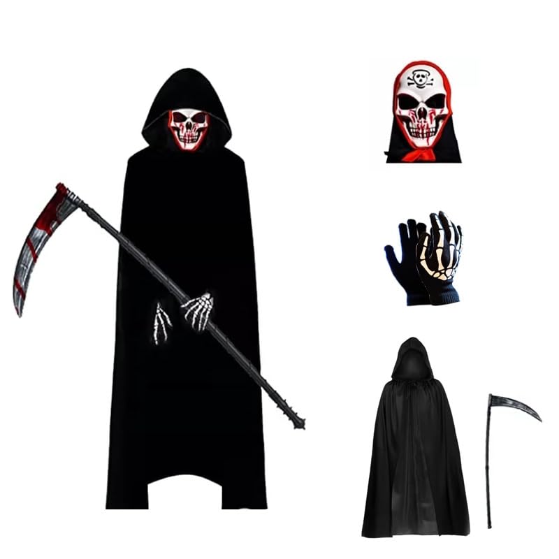Bkrdty Sensenmann Kostüm 4 stücke Halloween Kostüm Set mit Schädelmaske Handschuhen Sense Halloween