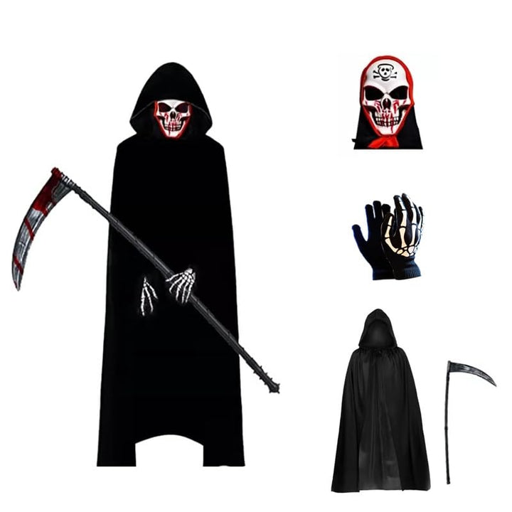 Bkrdty Sensenmann Kostüm 4 stücke Halloween Kostüm Set mit Schädelmaske Handschuhen Sense Halloween