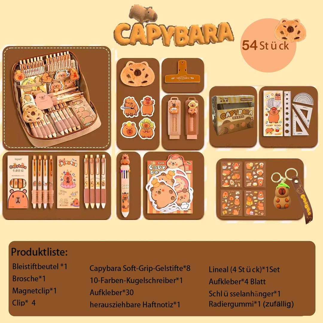 54 Stück Capybara Schreibwaren Set | Federmäppchen Aesthetic Capybara Schreibwaren Sachen MäppchenMi