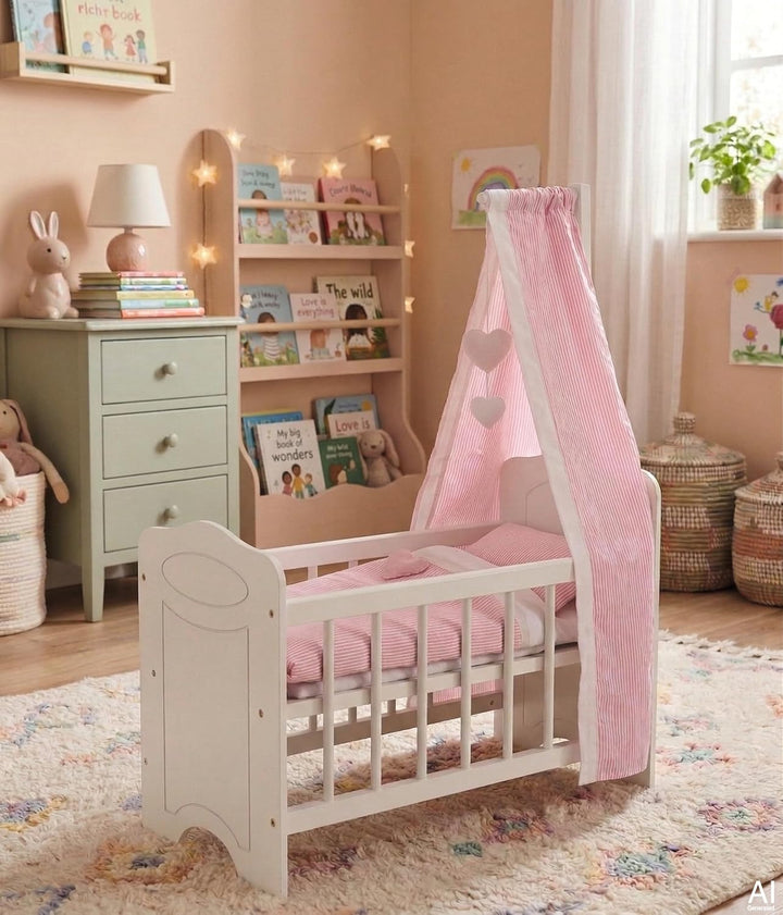 Goki 51762 Puppenbett mit Bettwäsche und Himmel puppenhausmöbel, weiss/rosa