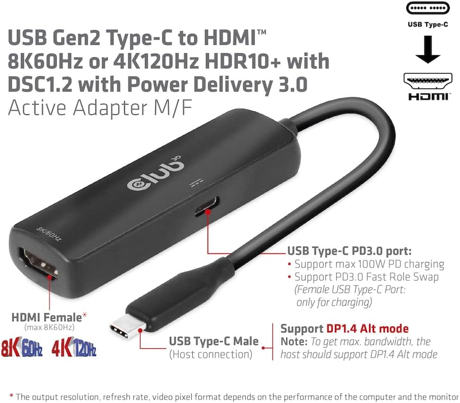 Club3D CAC-1588 USB Gen2 Typ-C zu HDMI™ 8K60Hz oder 4K120Hz HDR10, DSC1.2, Power Delivery 3.0 Activ