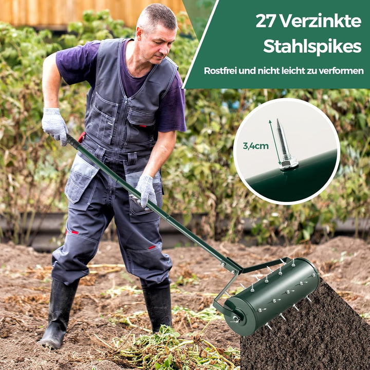 RELAX4LIFE Rollender Rasenlüfter, Rasenrolle mit 44 cm Breite, Handvertikutierer mit Stiel & Nägeln,