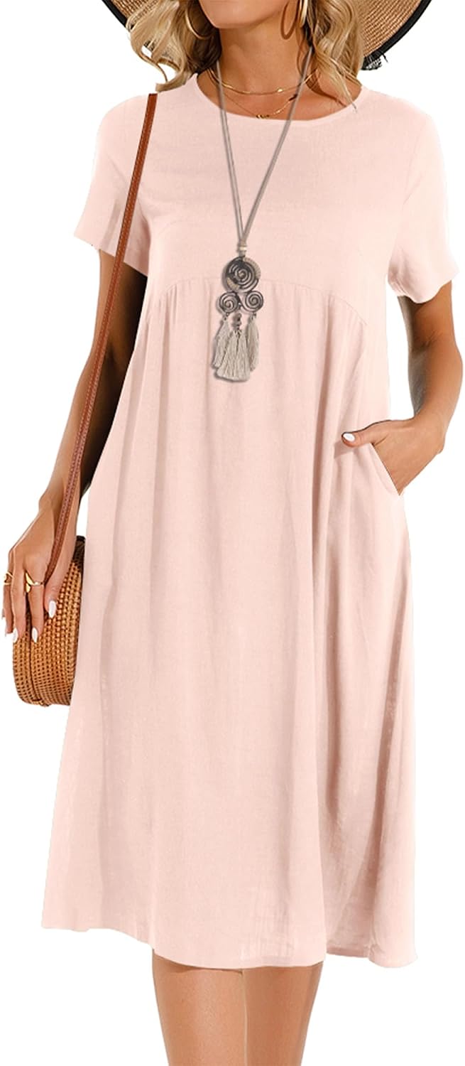 Tincini Sommerkleid Damen Leinen Kleider Casual V-Ausschnitt Midikleid Kurzarm A-Linie Kleid Strandk