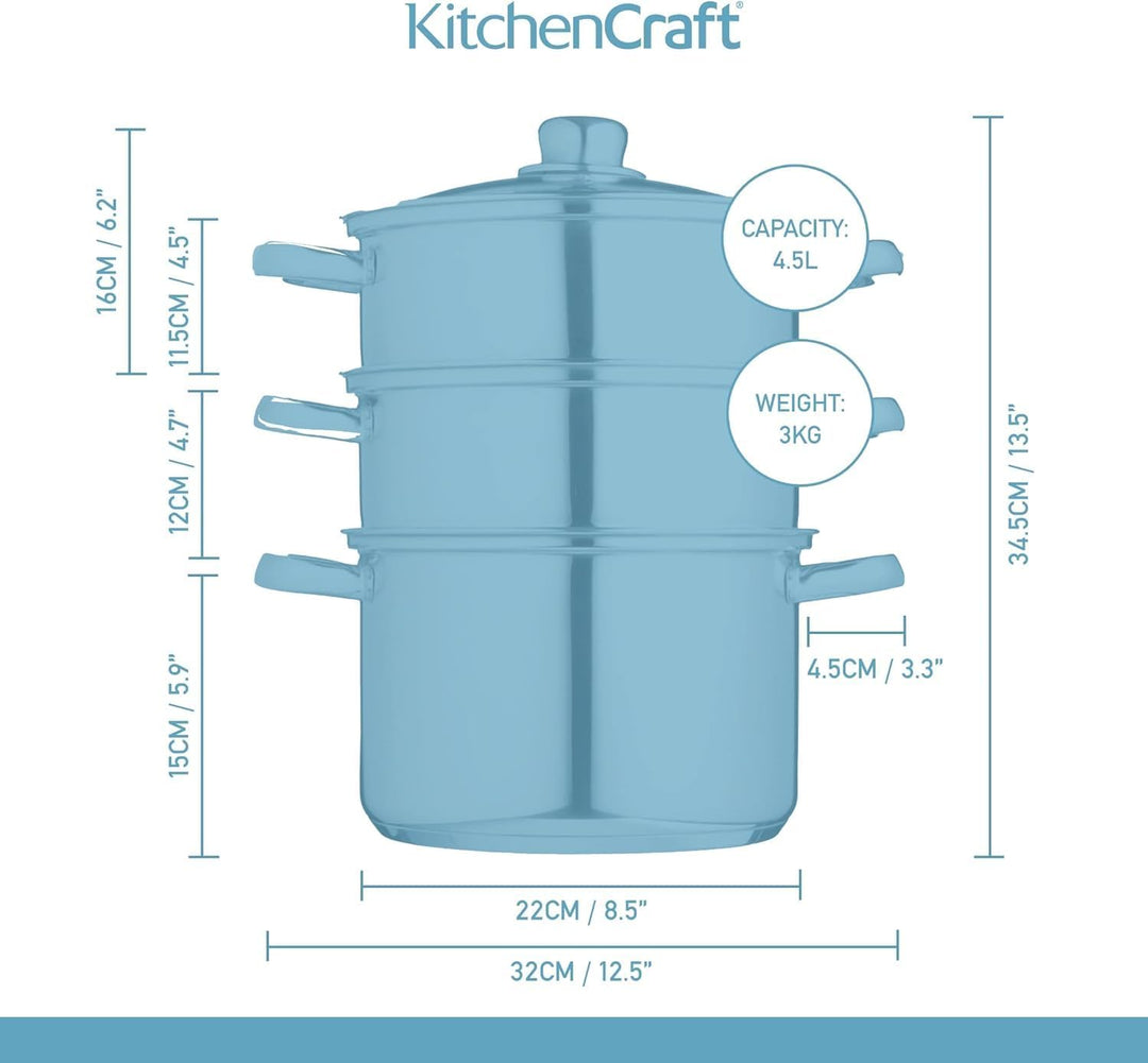 KitchenCraft 3 Kochtopf Set, Dampfgarer/Suppentopf Steamer 3-stufig, Induktionssicher, Edelstahl, in