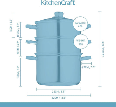 KitchenCraft 3 Kochtopf Set, Dampfgarer/Suppentopf Steamer 3-stufig, Induktionssicher, Edelstahl, in