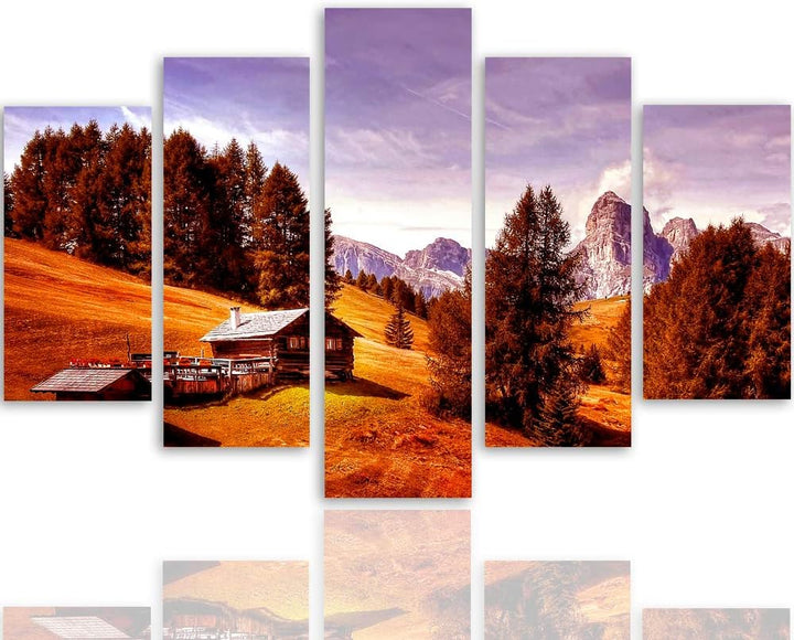 Feeby Bilder Berge 250x120 cm - Leinwandbild 5 Teilig XXL Kunstdruck Hütte Bäume rot Leinwandbild XX