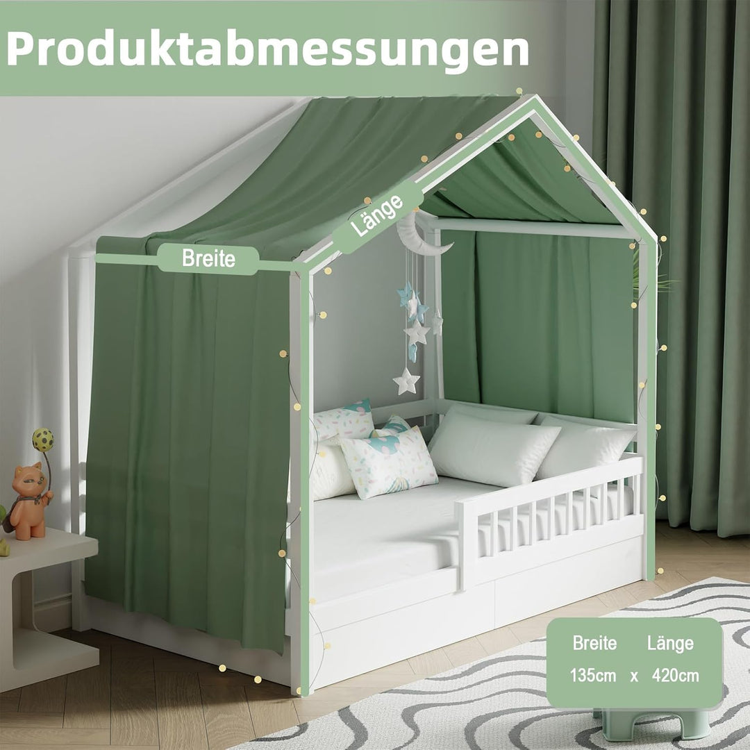 Hausbett Himmel mit Lichterkette 1 Stück Deko Baldachin Hausbett Vorhang,Betthimmel Musselin Stoffhi