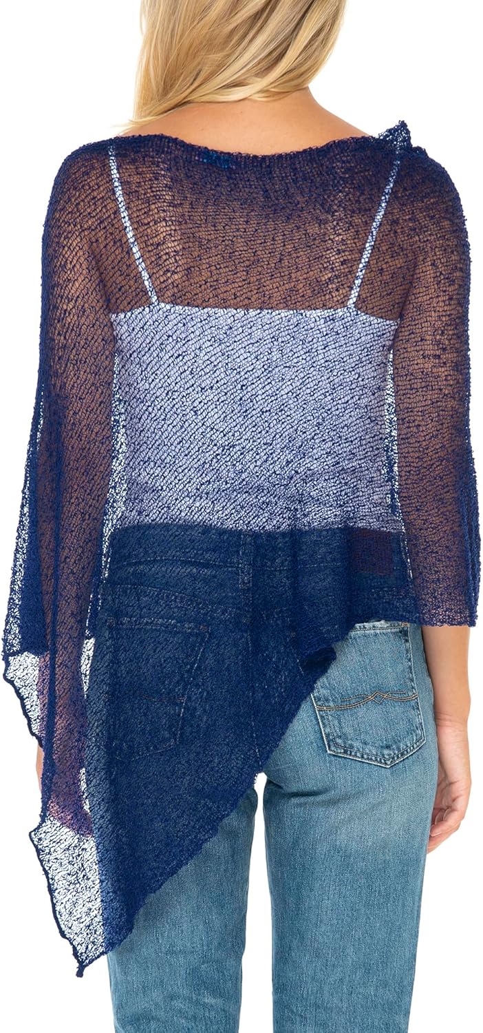 SHU-SHI - Damen Poncho-Top - transparent - leichtes Strickmaterial Dunkelblau, Dunkelblau