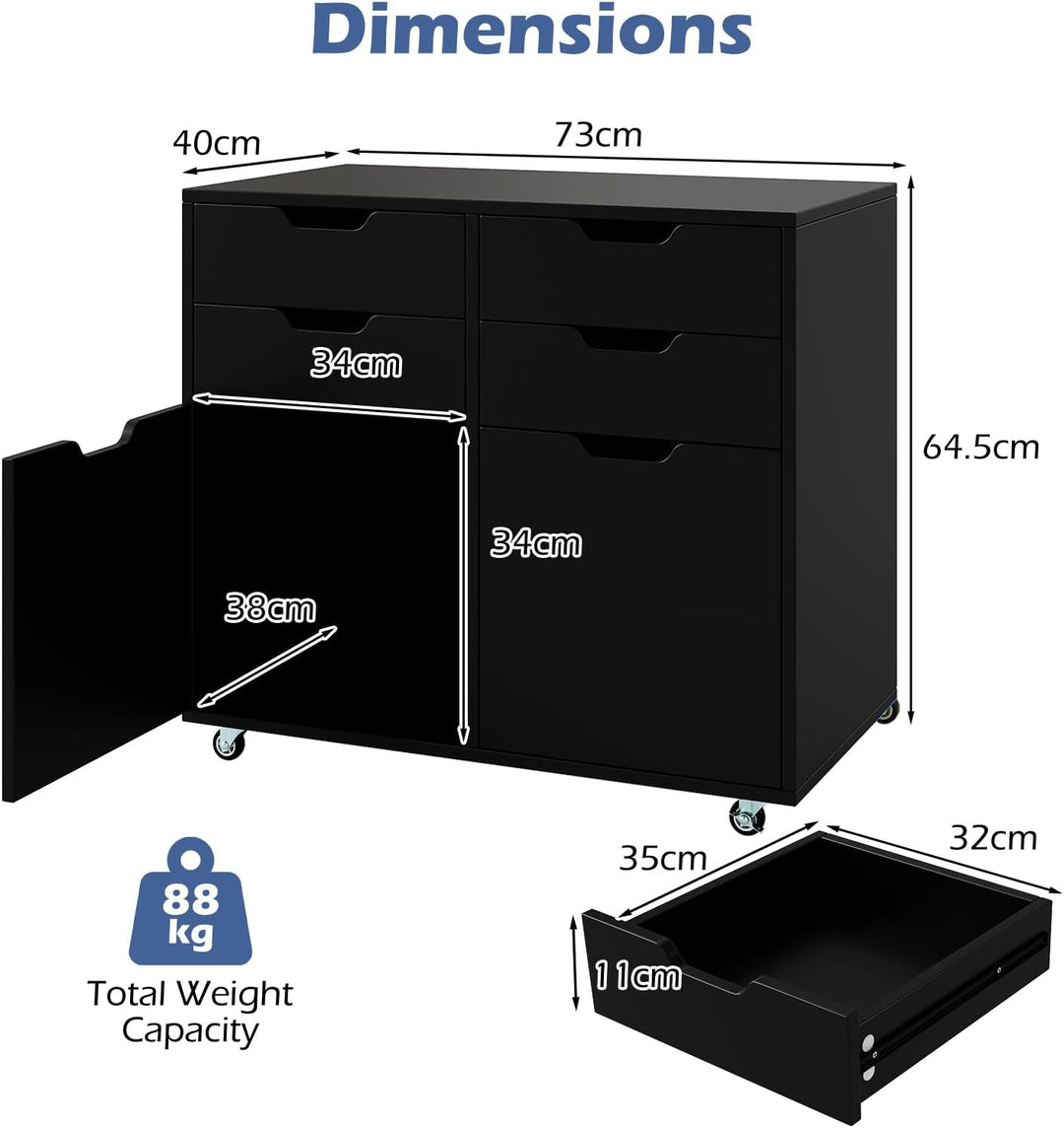 KOMFOTTEU Aktenschrank mit 5 Rollen, Rollcontainer mit 4 Schubladen & 2 Schränken mit Türen, Bürocon