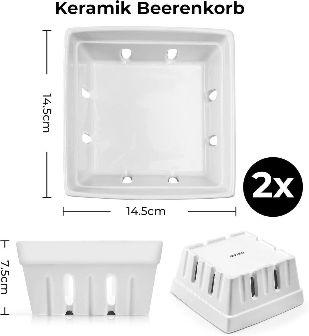 MIAMIO - Beerenkorb Keramik 2er Set/Aufbewahrung für Obst Beeren und Gemüse/Deko Obstschale Küche