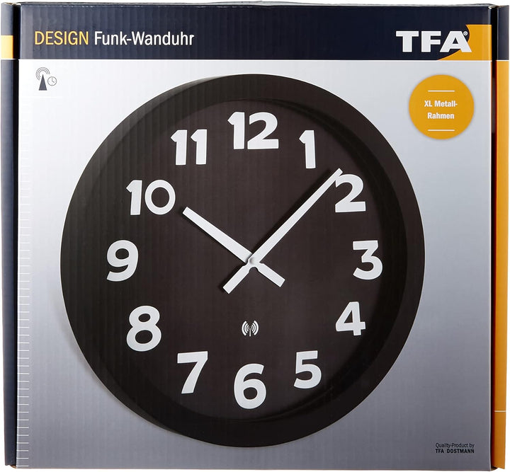 TFA Dostmann XL Funk-Wanduhr analog, 60.3506, mit Metallrahmen, gross, modern, gut ablesbar, schwarz
