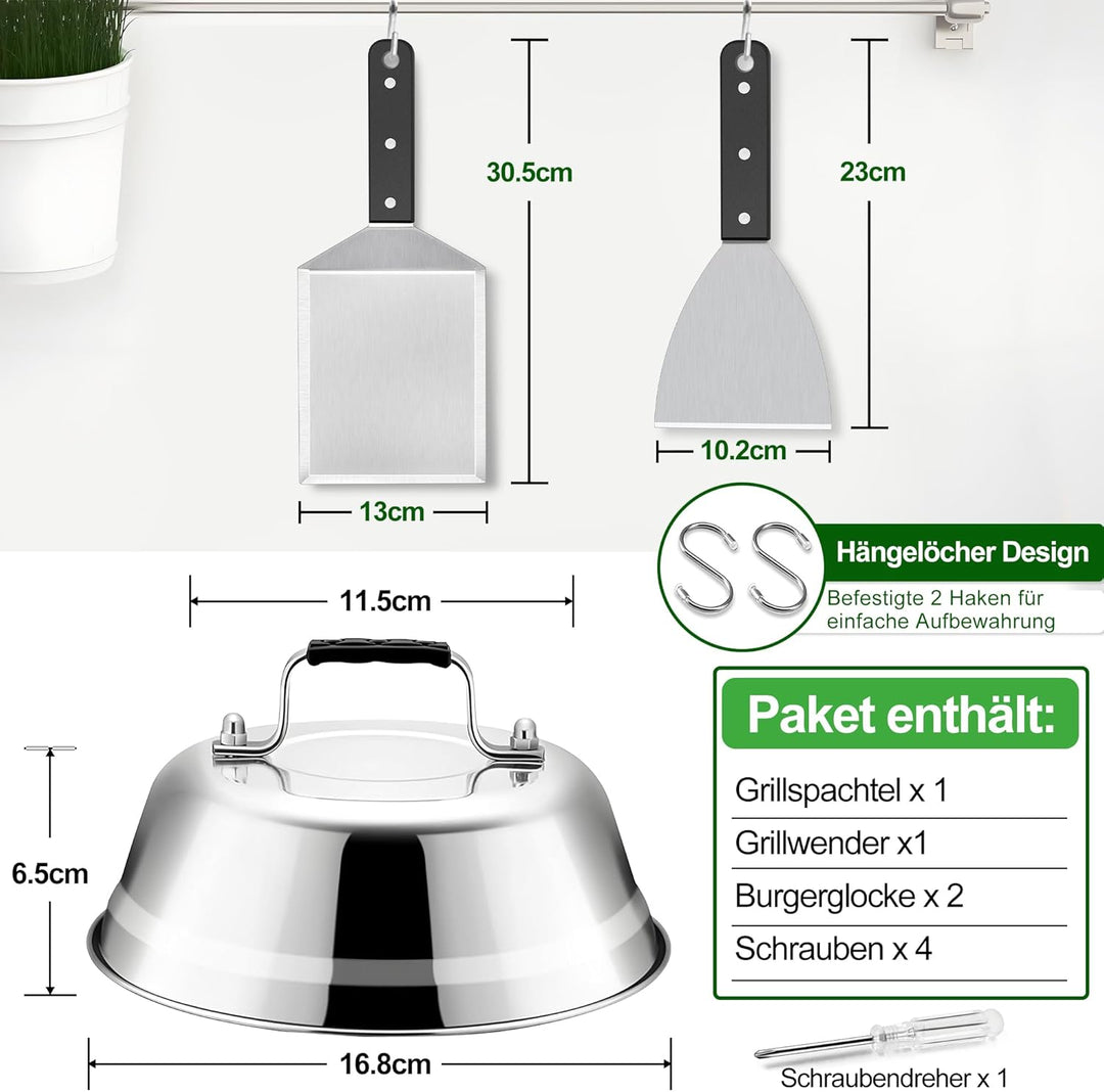 HaWare Grillspachtel mit Burgerglocke 4er Set, Abs Kunststoffgriff 2&#xD7;Grillspachtel + 2&#xD7;Bur
