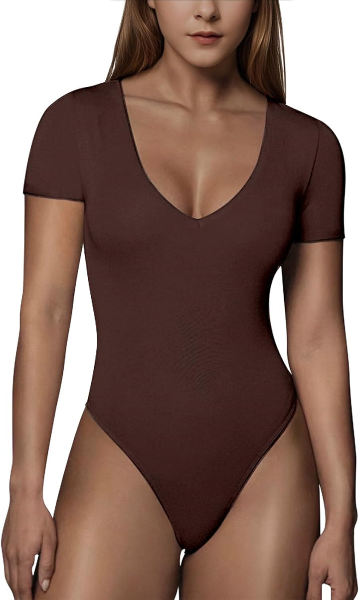 RoomTour Body Damen Elegant Kurz Bodysuit Tops Damenbody for damen Stringbody V Kragen M 1-Braun, M