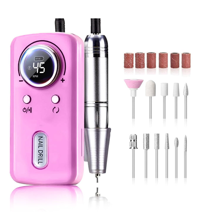 Elektrische Nagelfeile/Nagelfräser 45000 U/min [LCD+12 Köpfe] – Leise aufladbare Nagelmaschine mit 1