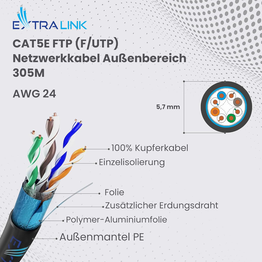 EXTRALINK 305m CAT5e Netzwerkkabel Outdoor LAN Kabel Verlegekabel Ethernet Installationskabel – 100%