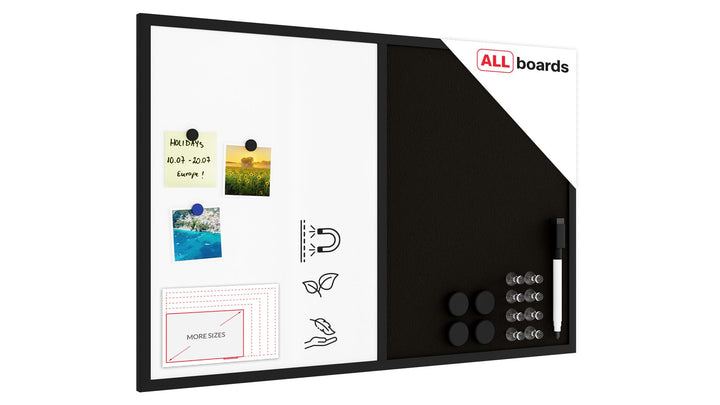 ALLboards Kombitafel 2 in 1 Magnettafel &amp; Schwarz Kork-Pinnwand 90x60cm, Holzrahmen Schwarz lackiert
