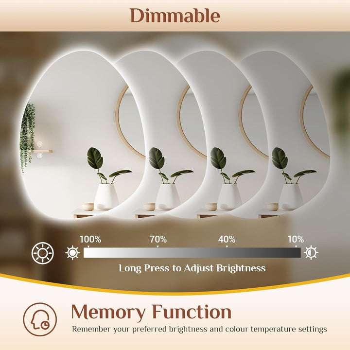 Clevich Badspiegel mit Beleuchtung Asymmetrisch 80×60 cm, LED Spiegel mit 3 Lichtfarben dimmbar, geh
