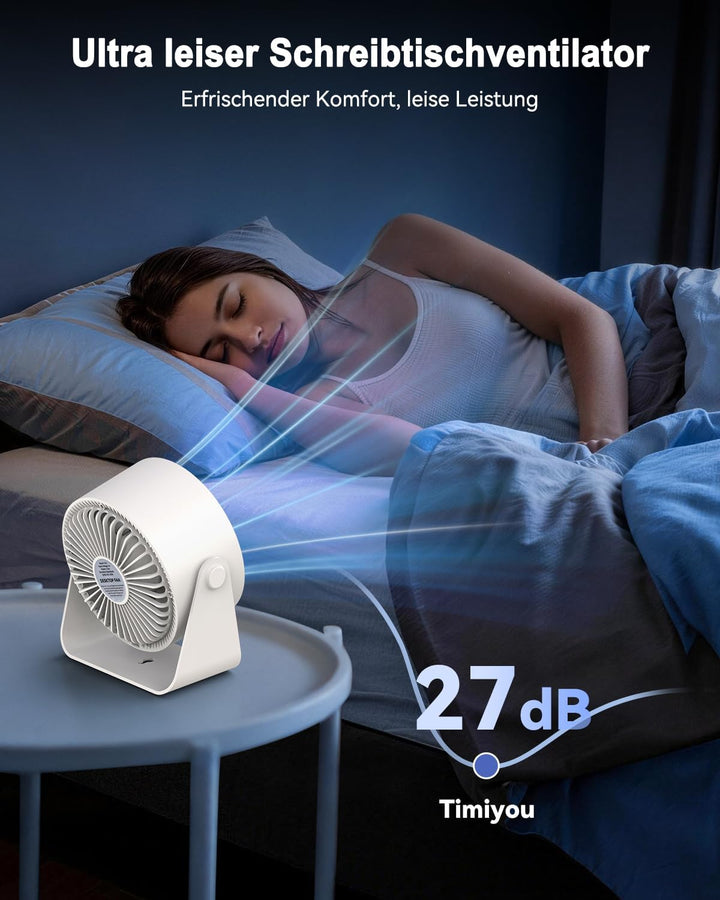 Timiyou Tischventilator Leise 28dB mit 4 Stufen & Turbo, Aufladbarer Akku, 360° Drehen & Kippen, Dig