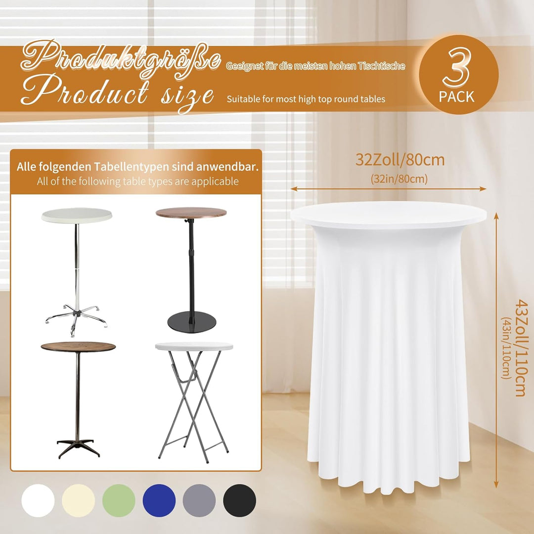 3 Packs Spandex Cocktail Tischdecke mit Röcken 80 x 110cm, weisser Stretch Cocktail Tisch für hohen
